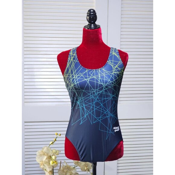 NWOT Stolen Goat Womens Blue Green Geometric Pattern Vortex Swim Suit Sz Xl 2586 - Picture 1 of 15